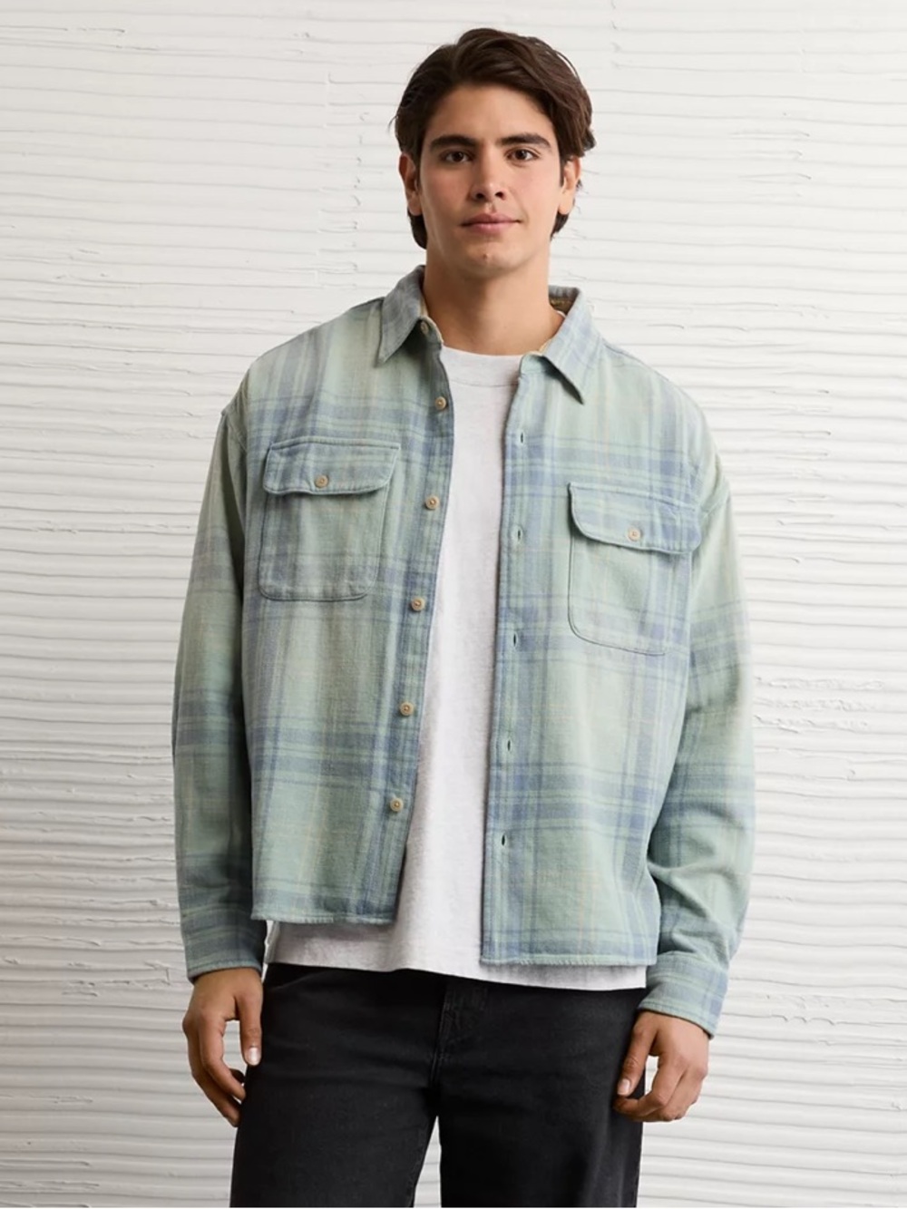 American Eagle Outfitters Light Green & Blue Boxy Plaid Flannel Shirt Jacket NWT